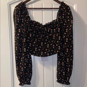 Wayf Black and White Smocked Crop Blouse